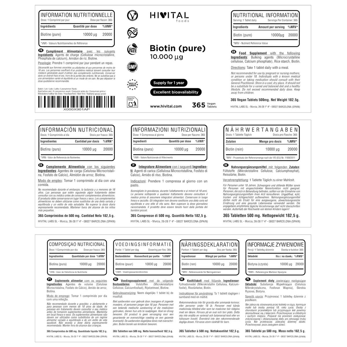 Biotine pure 10000 mcg (Vitamine B7). 365 comprimés pour un an de traitement. Convient aux végétaliens. Absorption, rétention et efficacité maximales du produit. Fabriqué en Europe par HIVITAL