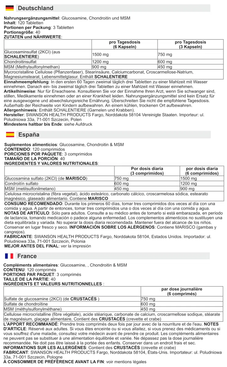 Swanson - Glucosamine, Chondroitin & MSM | Soutien pour la santé des articulations et la mobilité - 120 Comprimés