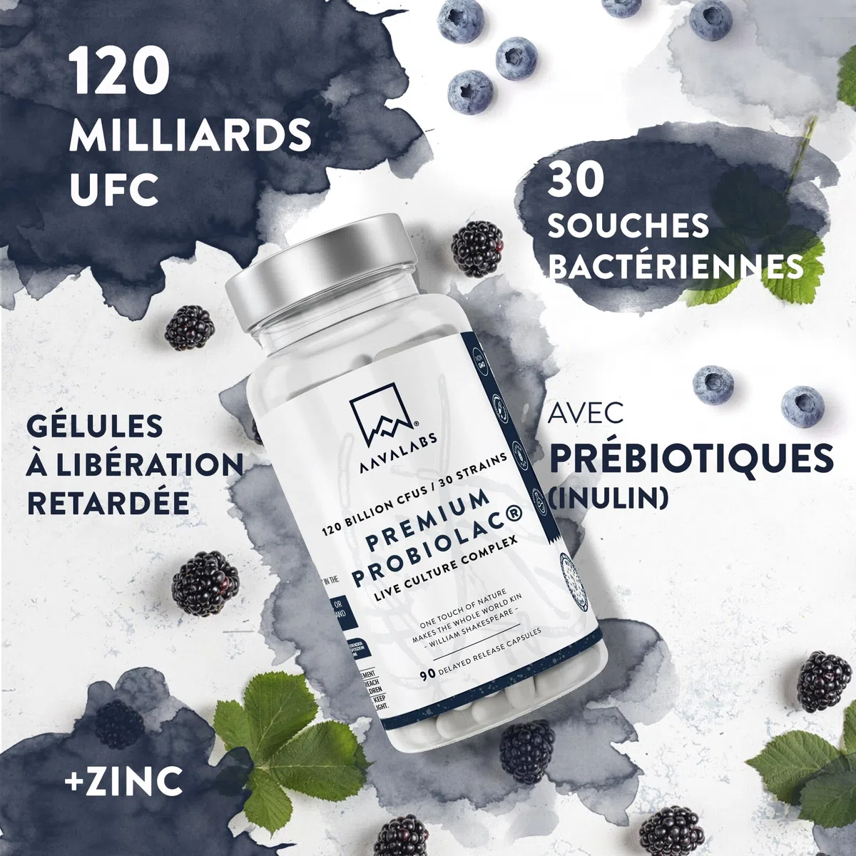 Probiotique Flore Intestinale 120MilliardsUFC 30Souches [Lactobacillus Gasseri Lactobacillus Rhamnosus]+ Zinc Ferments Lactiques Probiotiques Flore Intestinale et Prébiotique (Inuline) - 90 Gélules