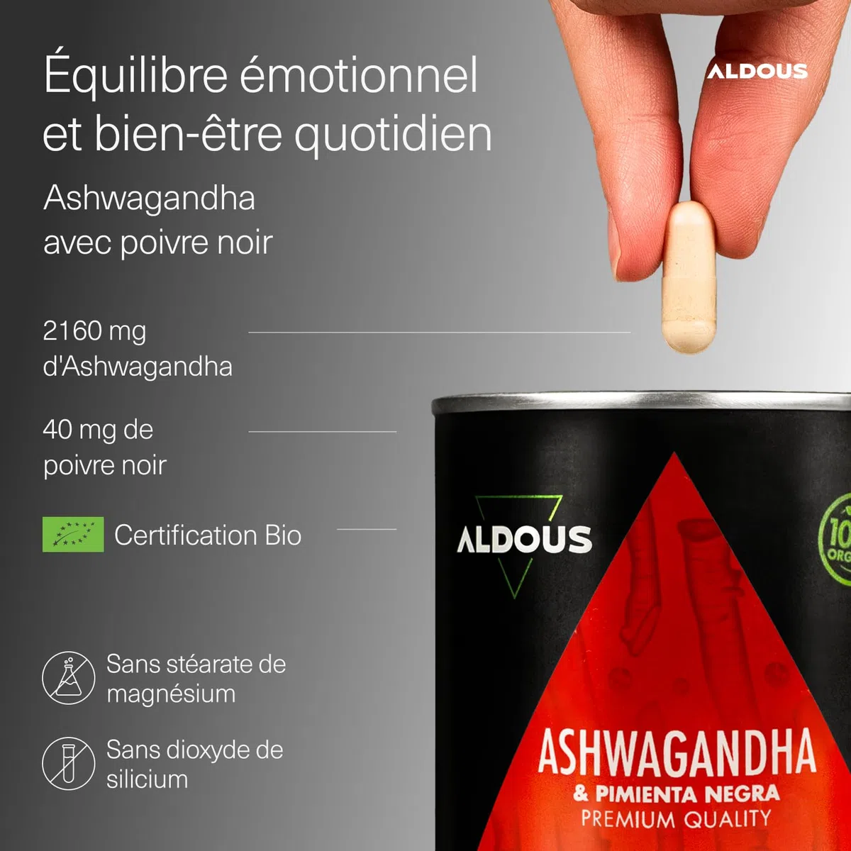 Ashwagandha Bio 2160mg - 250 Gélules Végétales - Racine d'Ashwagandha Bio avec Poivre Noir - Withania Somnifera - Bien-être, Anti Stress, Énergie, Sommeil - Sans Additifs - Certifié Biologique -ALDOUS
