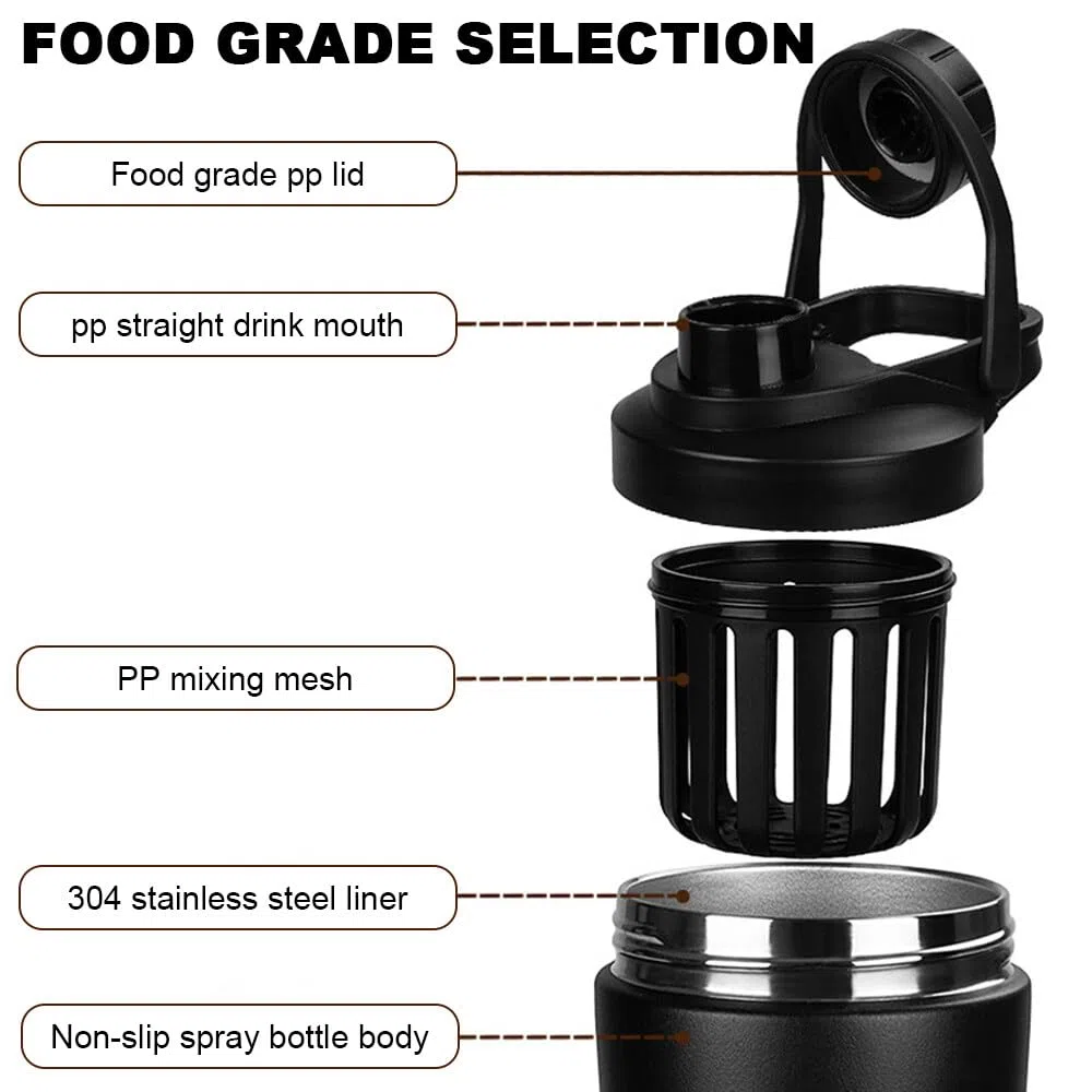 Shaker protéiné isotherme 750 ml acier inoxydable, sans bruit, sans BPA, bouteille d'eau et maille mélangée