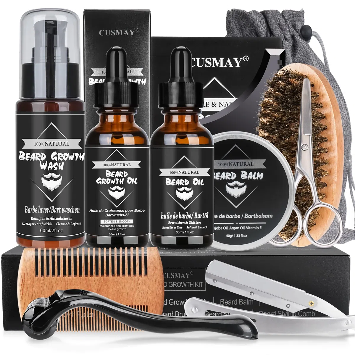 Kit Soins Barbe pour Hommes 11 en 1 Kit Barbe Homme Complet avec Shampoing, Huile, Crèmes de Barbe, Brosse à Barbe, Ciseaux, Rouleau Barbe, Rasoir, Kit Entretien, Coffret Cadeaux - Noir Classique