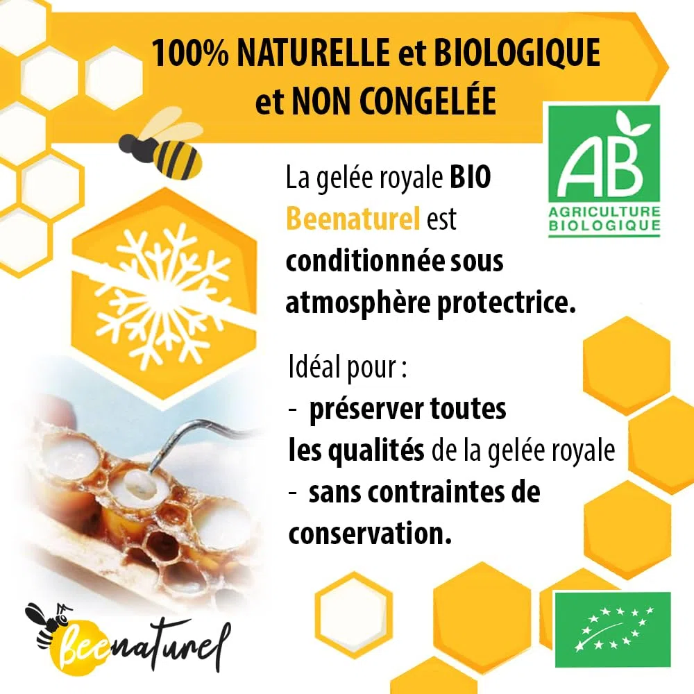 Gelée royale bio 120g | 120 dosettes 1g | Programme hiver 4 mois | Gelée royale française fraîche pure | Immunité adulte enfant | 100% Naturel