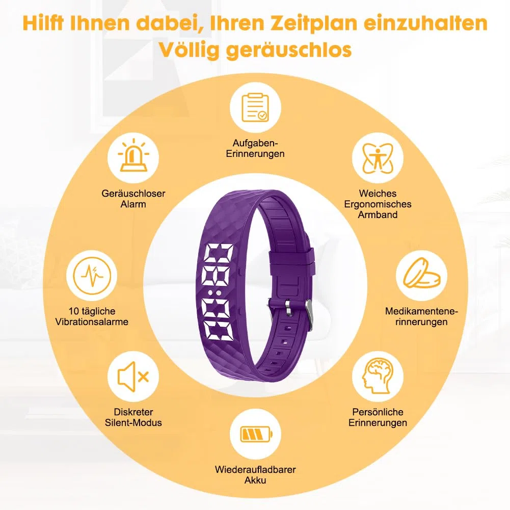 CEWROM Montre de rappel vibrante - Bracelet vibrant - Alarme vibrante silencieuse avec minuterie et 8 alarmes quotidiennes - Rappel de boisson pour personnes âgées - Réveil médicamenteux (violet)