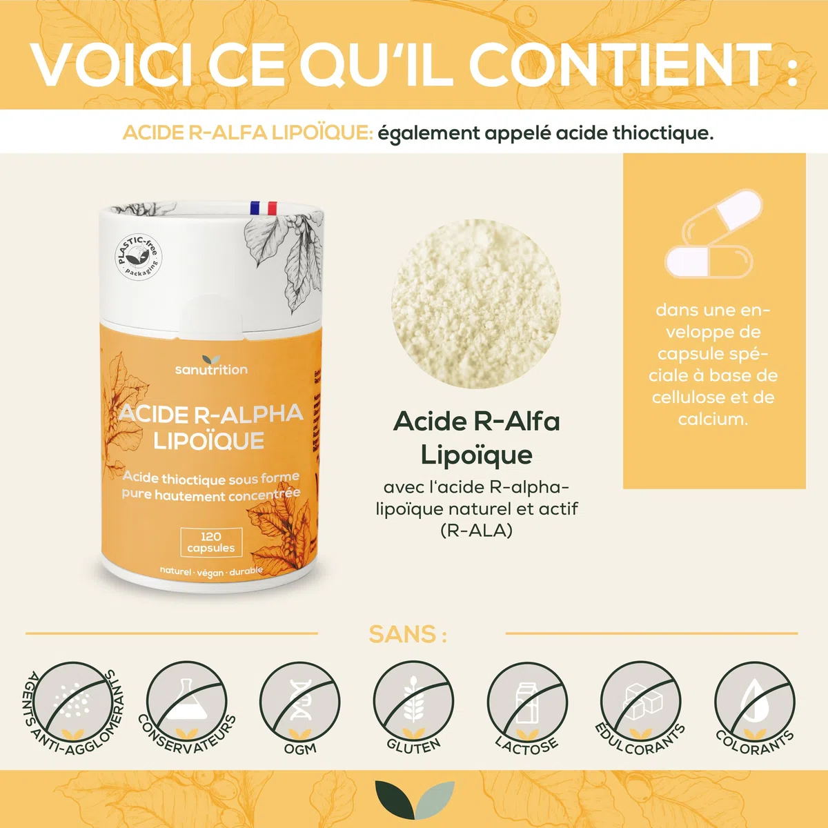 Acide R-alpha-lipoïque 400 mg par capsule | 120 capsules | Hautement dosé | En biodisponibilité particulièrement élevée | Végétalien | Emballage papier 100% écologique