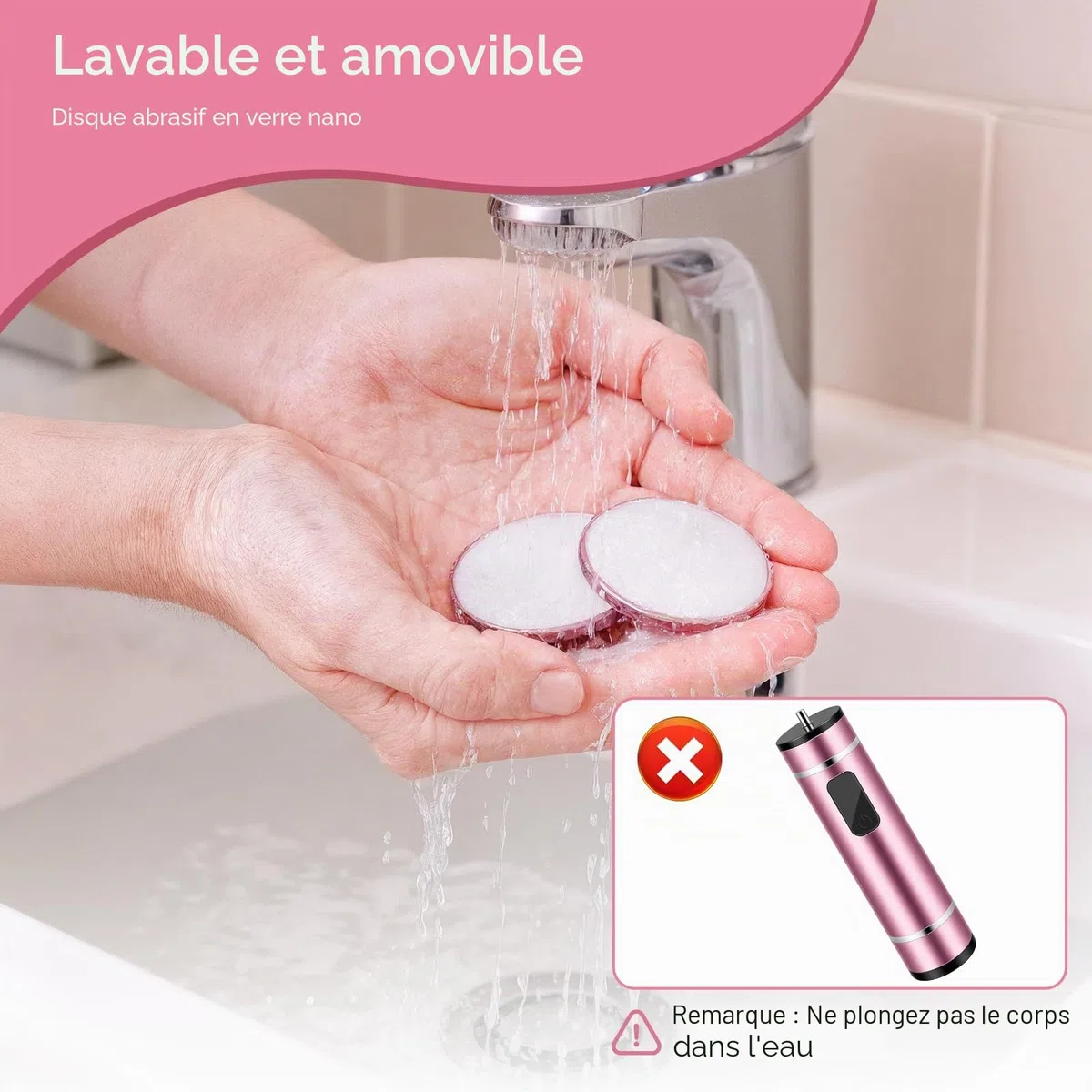 Ponceuse pour pied - Râpe électrique sans fil avec 4 embouts en verre nano - Vitesse réglable - Rape pieds pour talons fissurés, cors et callosités (Rose)