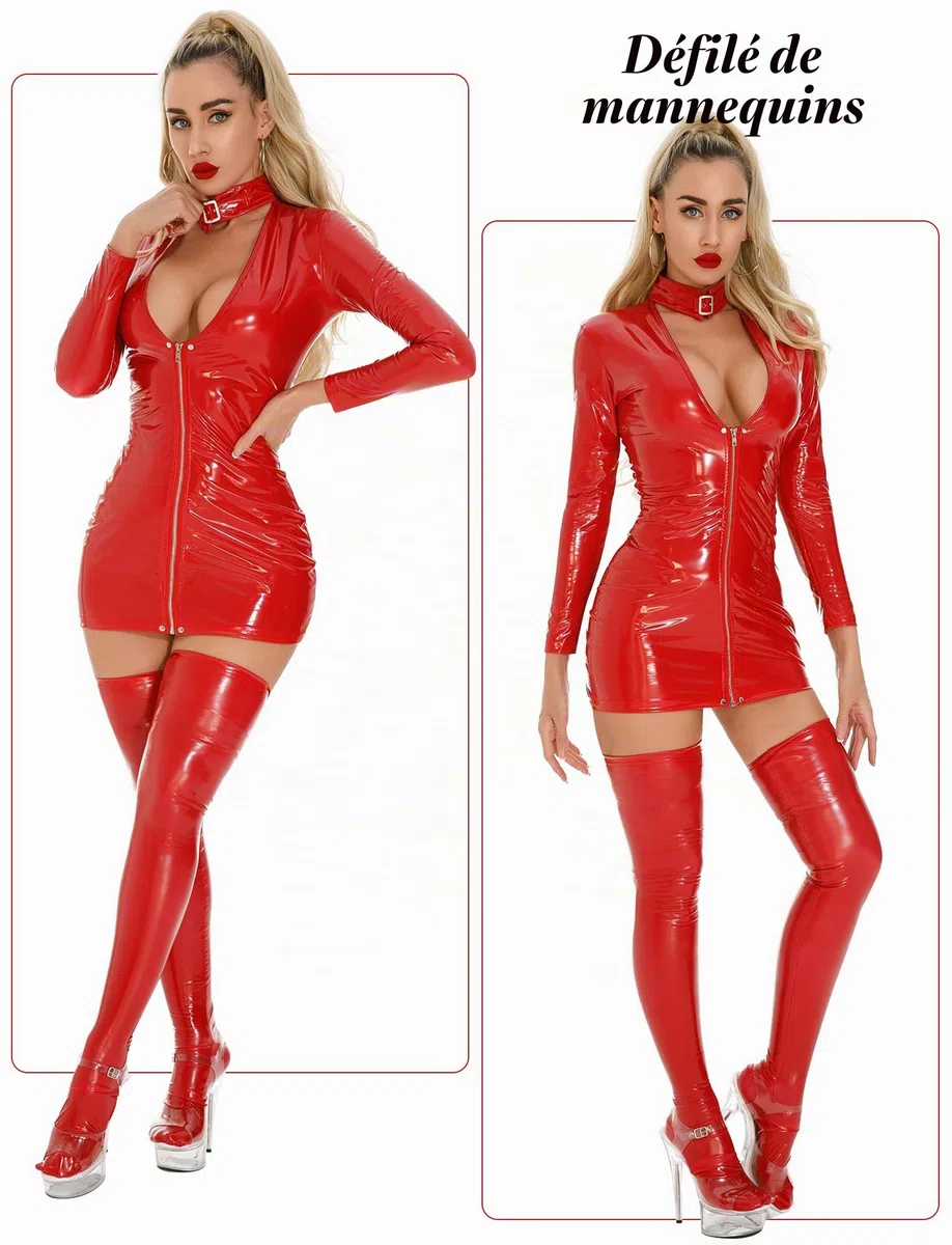 Maeau - Robe Clubbing Femme Cuir Verni Bodycon Manches Longues Bodysuit PU Brillant Zipper Party Wear XS-L