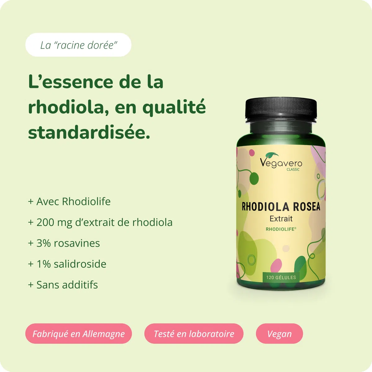 Rhodiola Rosea Vegavero® | 1200 mg (Extrait 6:1) | 120 Gélules (4 MOIS) | Anti Stress + Fatigue + Mémoire | RHODIOLIFE® | 3% Rosavine + 1% Salidroside | SANS ADDITIFS et VEGAN