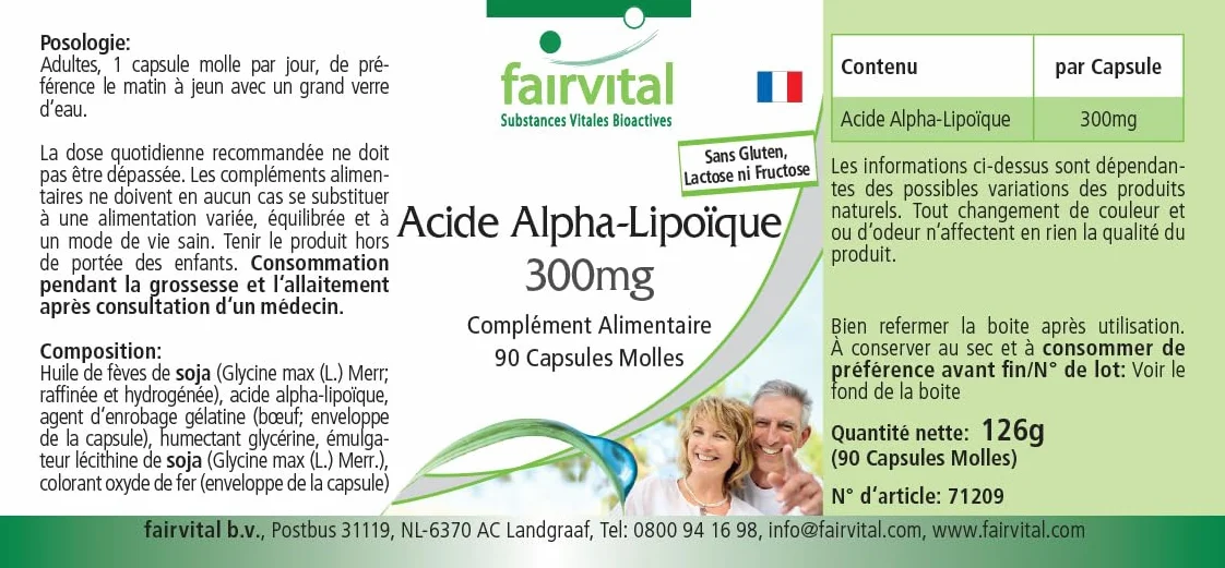 fairvital Gélules d'acide alpha-lipoïque 300mg (acide alpha-lipoïque, ALA), pour 3 mois, HAUTEMENT DOSÉ, 90 gélules molles