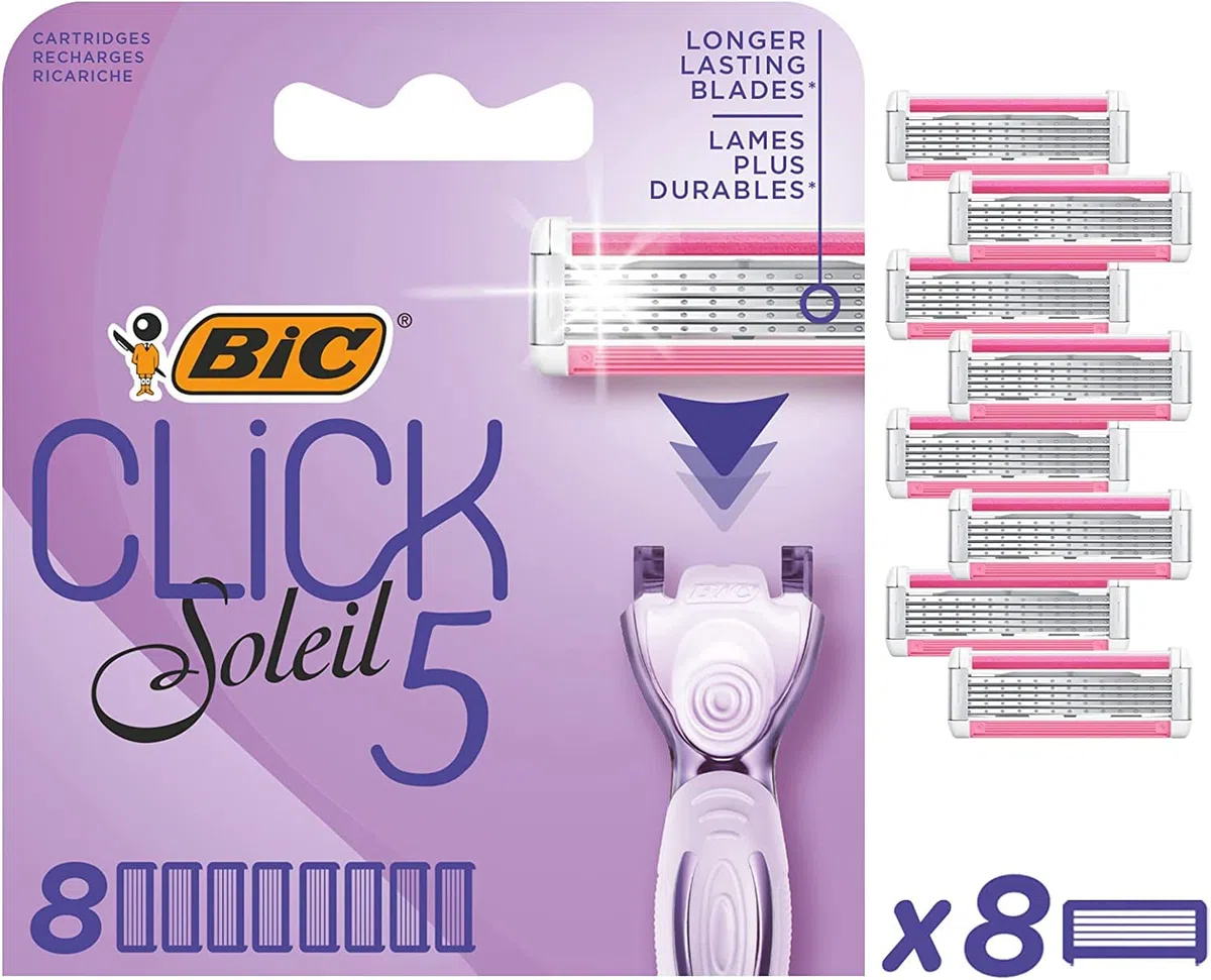 BIC Razors Click 5 Soleil Recharges Rasoir Femme 5 Lames, Bande Lubrifiante Enrichie en Aloe Vera, Boîte de 8 recharges