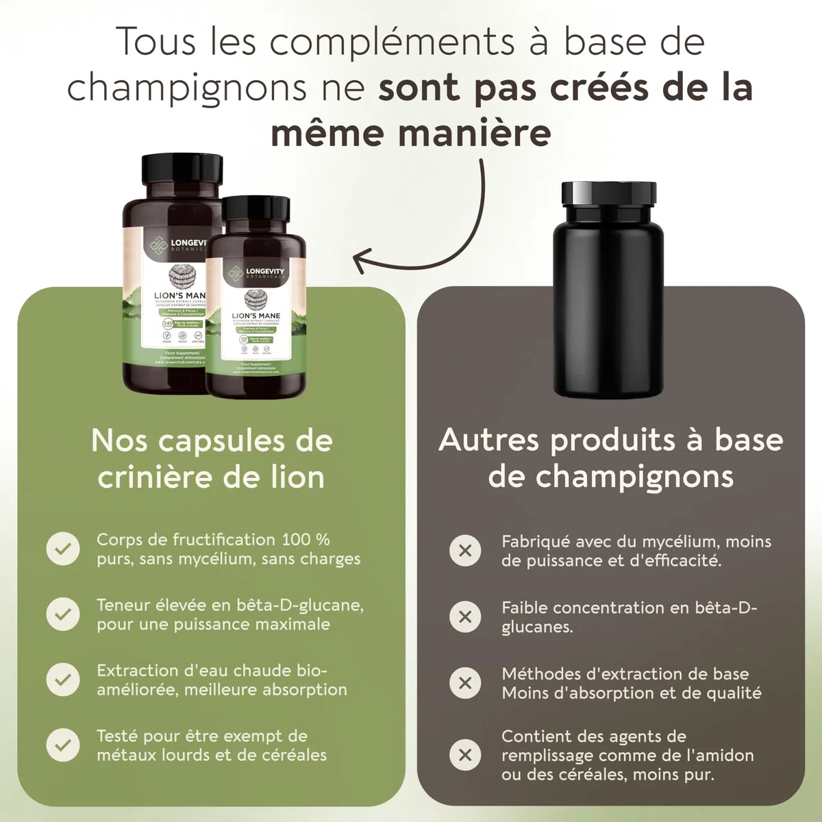 Gélules Crinière de Lion (Lion’s Mane) x120 | Extrait Puissant 8:1 de Champignon Corps Fructifère Pur | 20% Bêta-D Glucanes | Équivalent Brut 7200mg par Portion | Soutien Mémoire Intestin & Cerveau