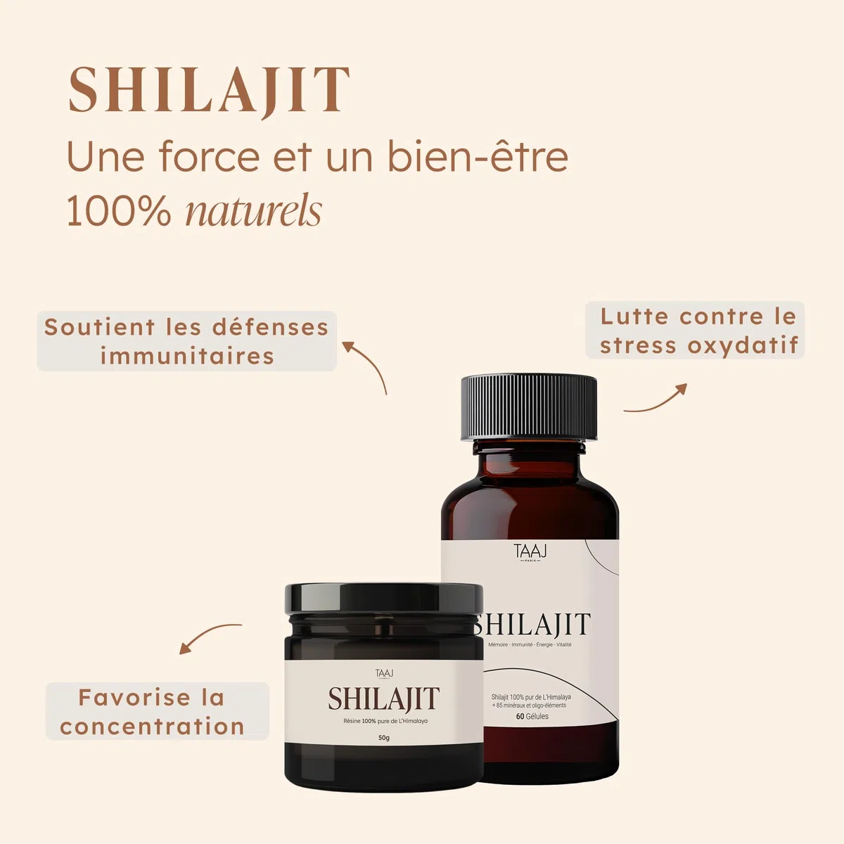 TAAJ | Shilajit en gélules | Pur de l'Himalaya, 100% naturel | 70% d'acides fulviques | + 85 minéraux et oligo-éléments | Antioxydant | Réduit stress & fatigue | Cure de 30 jours | 60 gélules