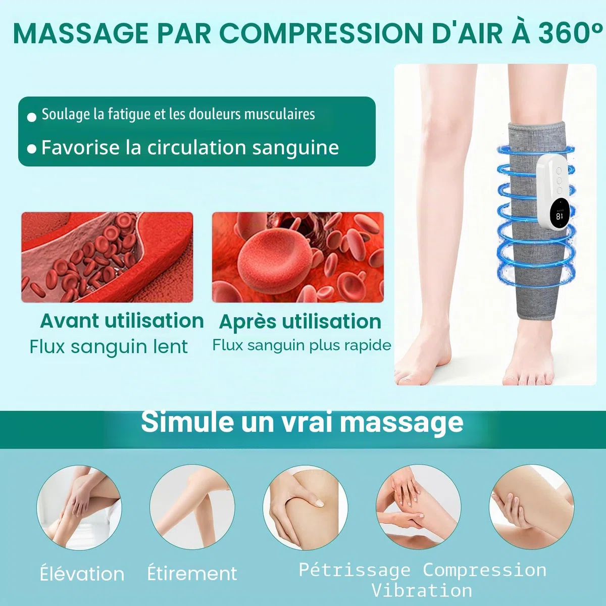 Masseur Jambes Sans Fil avec Chaleur et Compression Masseur de Mollets avec 3 Modes 3 Intensités Appareil de Massage pour Circulation Sanguine Drainage Lymphatique Relaxation Musculaire (1 Pièce)