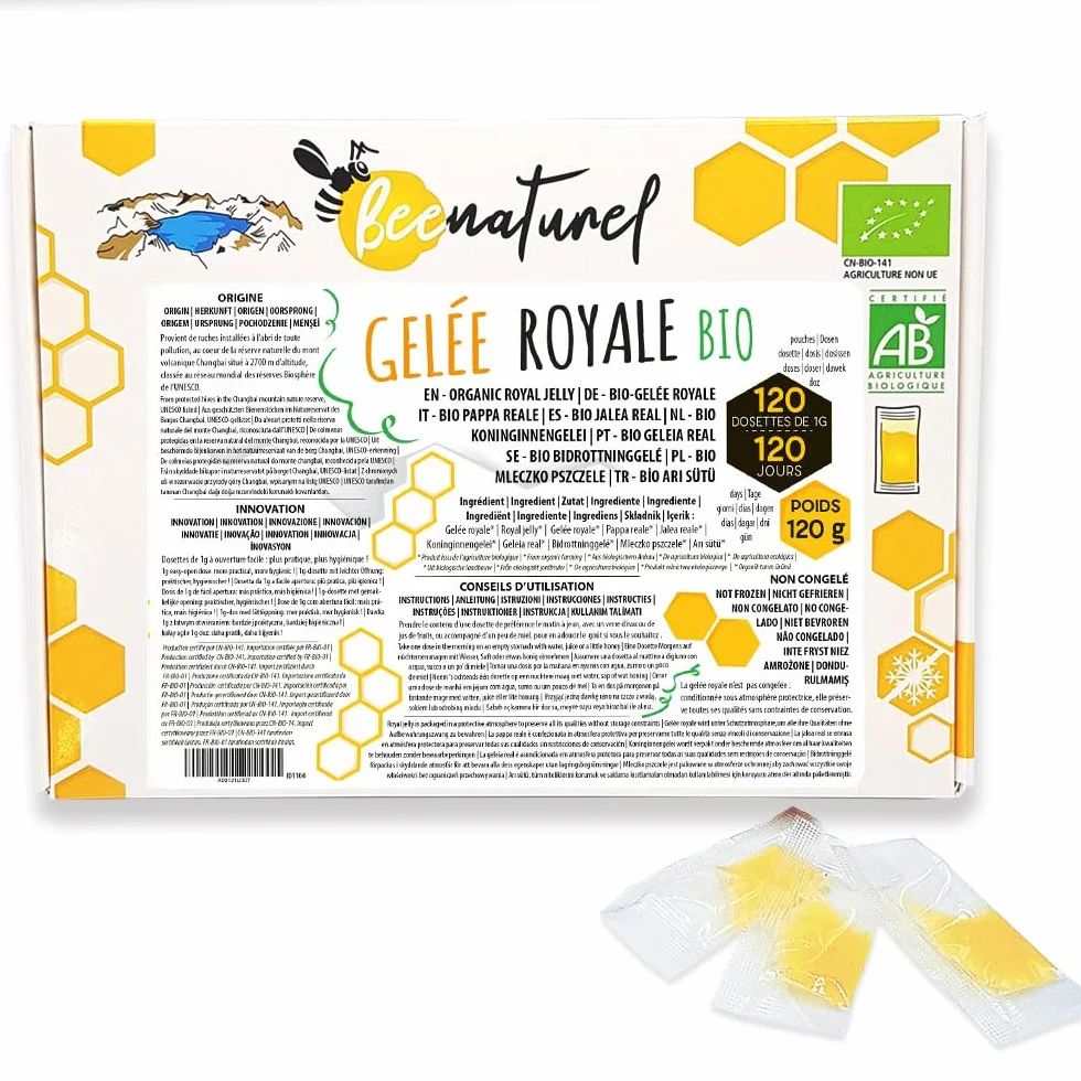 Gelée royale bio 120g | 120 dosettes 1g | Programme hiver 4 mois | Gelée royale française fraîche pure | Immunité adulte enfant | 100% Naturel