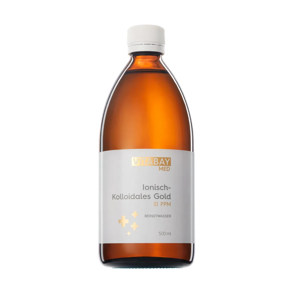 Vitabay Or Colloïdal 10 PPM 500 ml à Haut Dosage dans un Flacon en Verre Ambré - Diluer 2 g Dans l'Eau Par Jour - Or Colloïdal Pur à 99.99% Sans Additifs - Produit Adapté Pour le Corps et le Visage