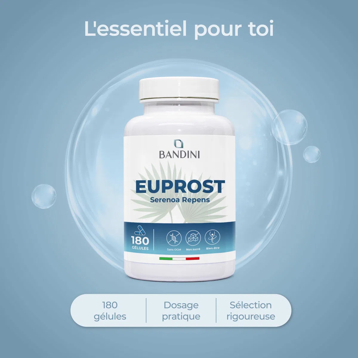 Bandini® Euprost Serenoa Repens 180 gélules | Palmier nain (Saw Palmetto), Graines de Courge, Ortie, Zinc, Vitamine D3 & B6 | Confort Urinaire hommes | Extrait 20:1 standardisé à 30% en acides gras
