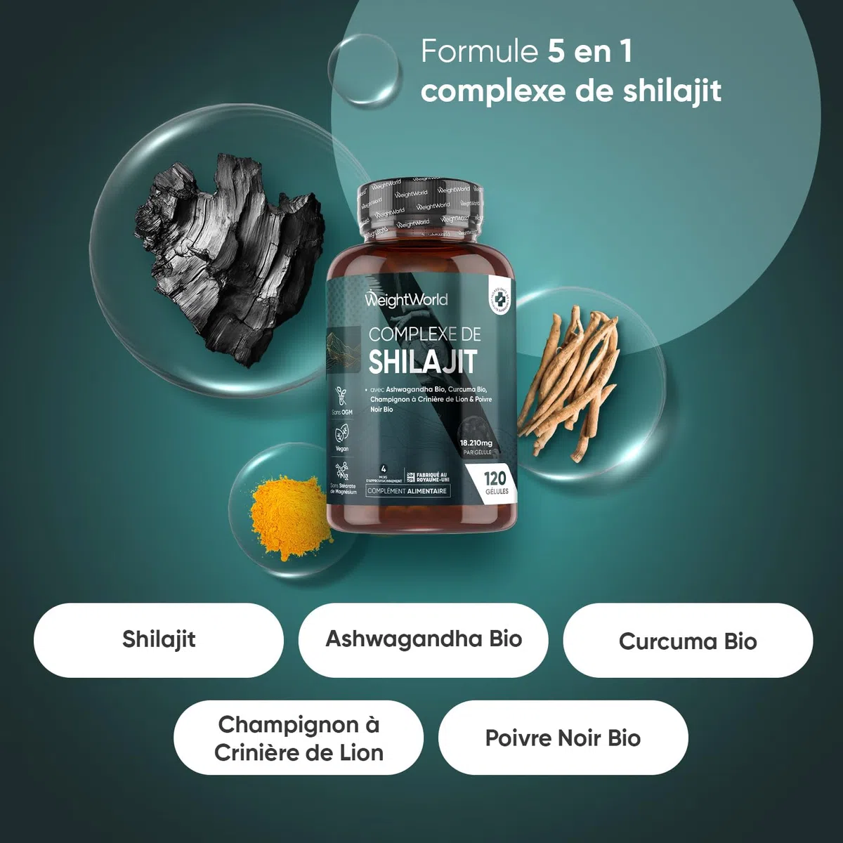 Shilajit Gelules 18210mg, Shilajit Himalaya Complexe 120 Gélules Vegan, Ashwagandha Bio, Curcuma Bio, Champignon Crinière de Lion et Poivre Noir, Riche en Acide Fulvique, Acide Humique et Minéraux
