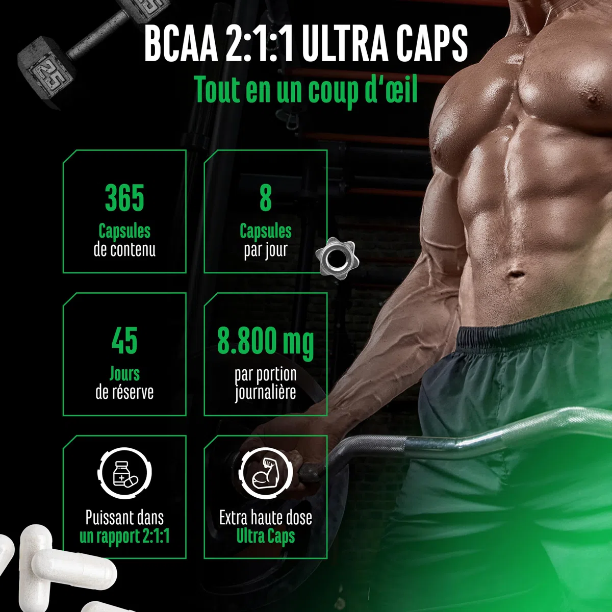 BCAA Ultra Caps - 365 gélules avec un dosage élevé de 1100 mg par gélule - Rapport optimal 2:1:1 - Leucine, L-Isoleucine, L-Valine - Acides aminés essentiels à chaîne ramifiée