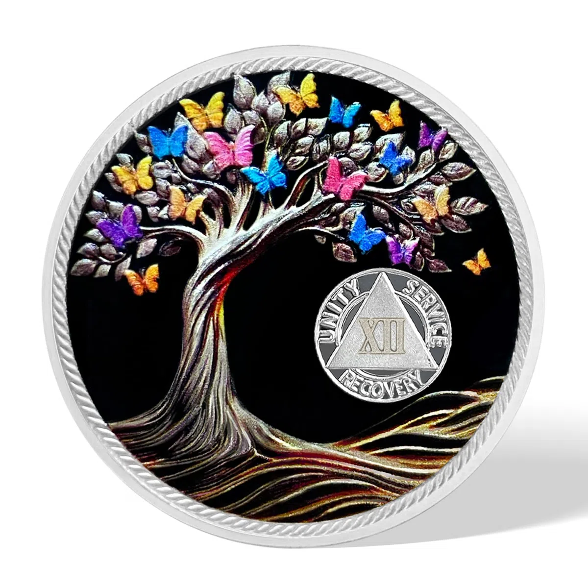 Pièce de monnaie de sobriété de 12 ans - Papillon - Arbre de vie - Puces AA et médaillons - Jeton de sobriété - Cadeau de sobriété pour homme et femme célébrant la récupération des alcooliques