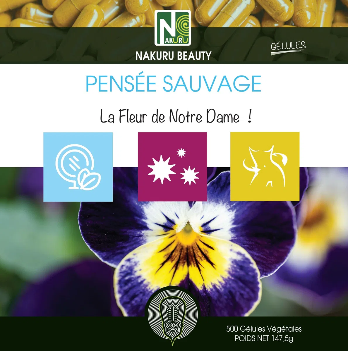 NAKURU | Pensée Sauvage | Gamme Beauty | Fabriqué en France | "La Fleur de Notre Dame!" (500 Gélules Végétales de 295mg / Poids Net: 147,5g)