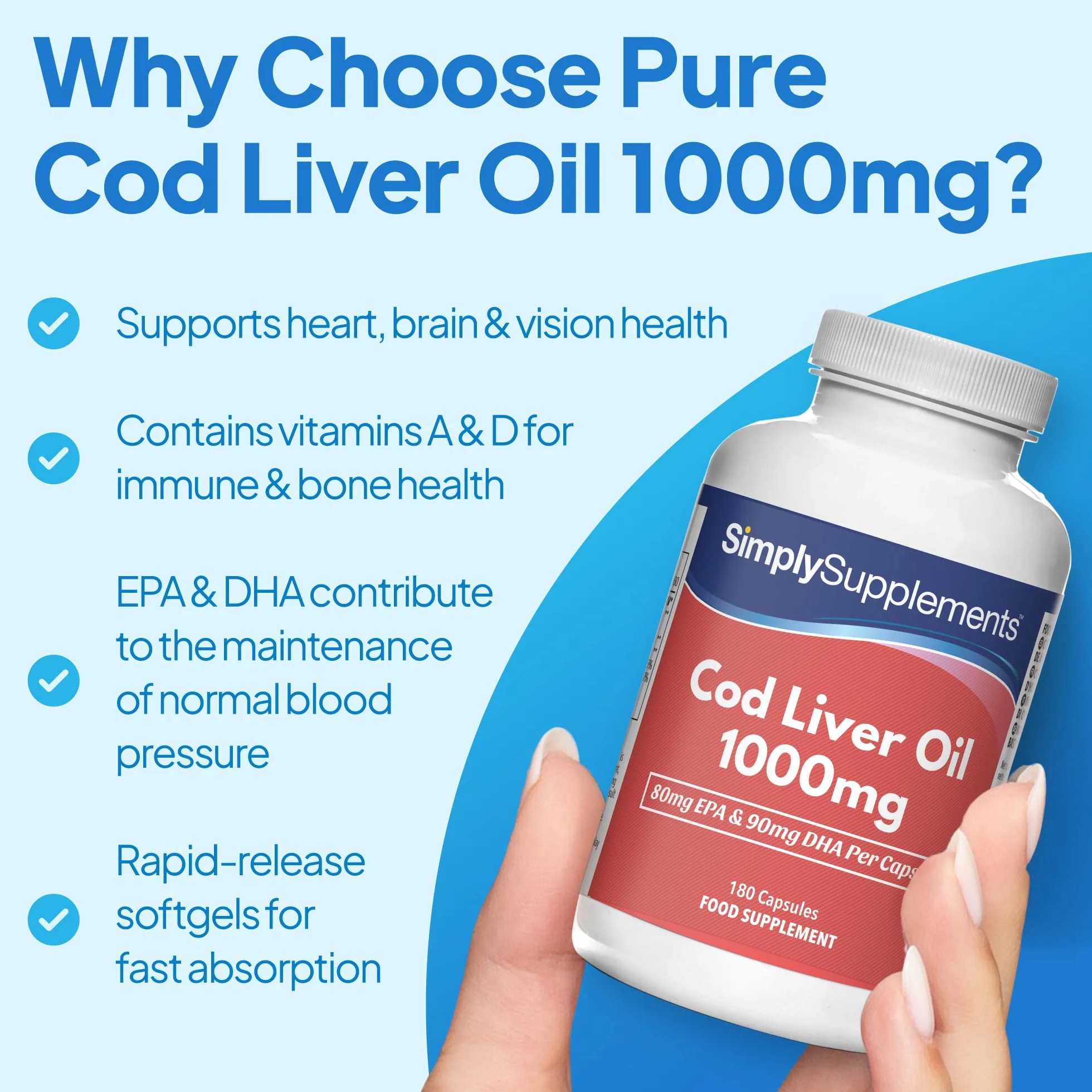 Huile de Foie de Morue 1000mg - 180 Gélules - 2 mois de bienfaits - SimplySupplements.
