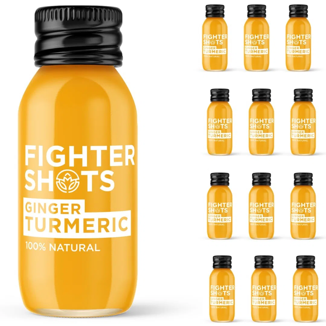 Fighter Shots Gingembre + Curcuma (12x60ml) | 100% Naturel | Parfait pour Vous Donner un Coup de Boost | Sans Conservateurs | Shots de Curcuma Frais et Savoureux