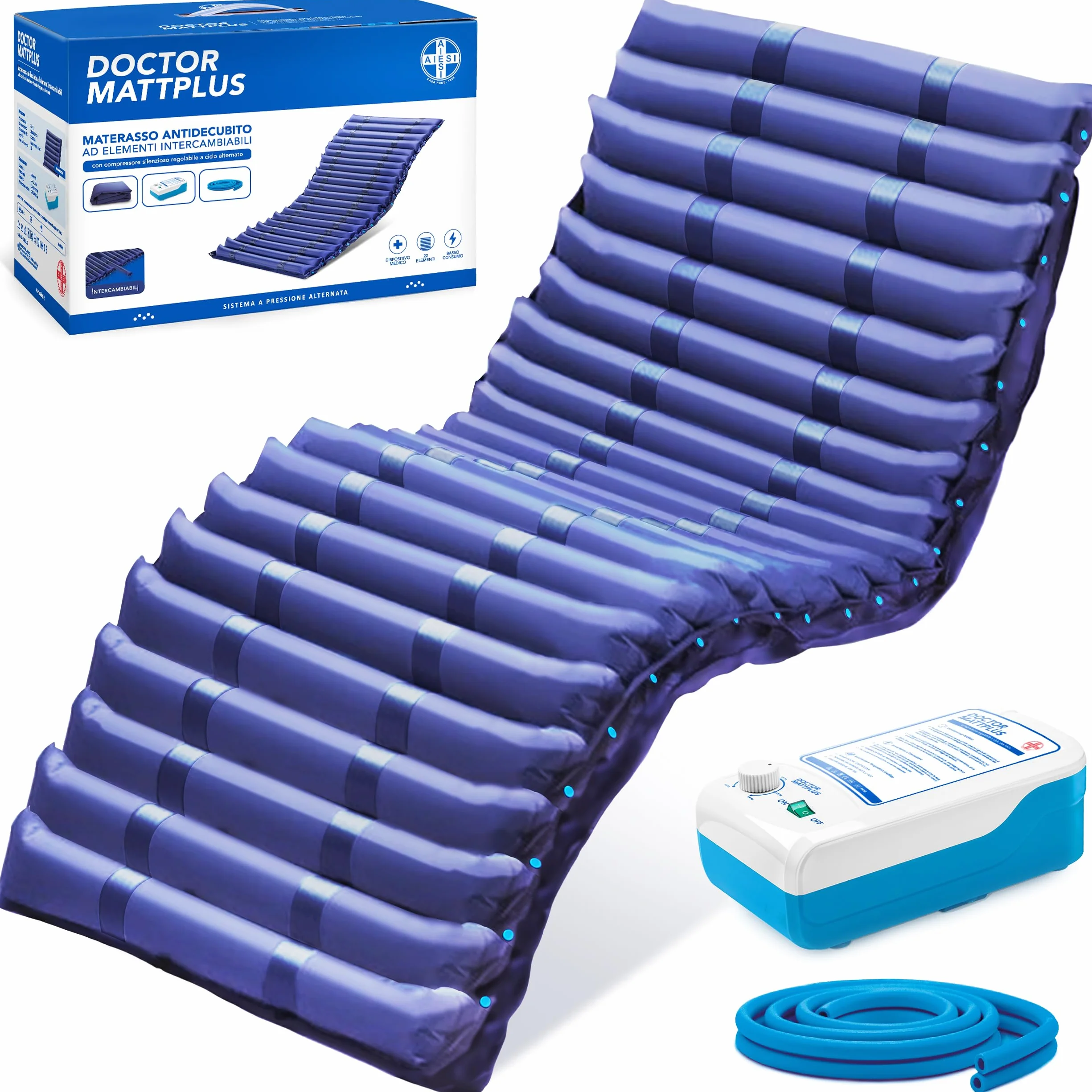 AIESI® Matelas Anti escarres à éléments interchangeables avec compresseur à cycle alterné réglable DOCTOR MATTPLUS, 22 éléments, Capacité 150 Kg, Silent, Garantie 24 mois