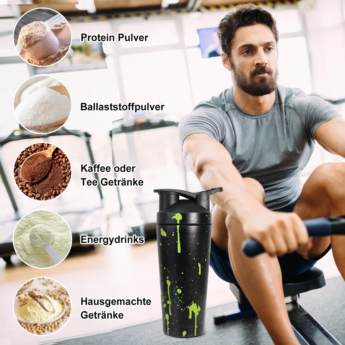 750ml Shaker Proteine, Shaker Proteine Inox, avec Boule en Spirale, sans BPA, étanche, Facile à Nettoyer, inoxydable Protéines Bottle de protéines, Bottle de protéines Conservation de la chaleu - Noir