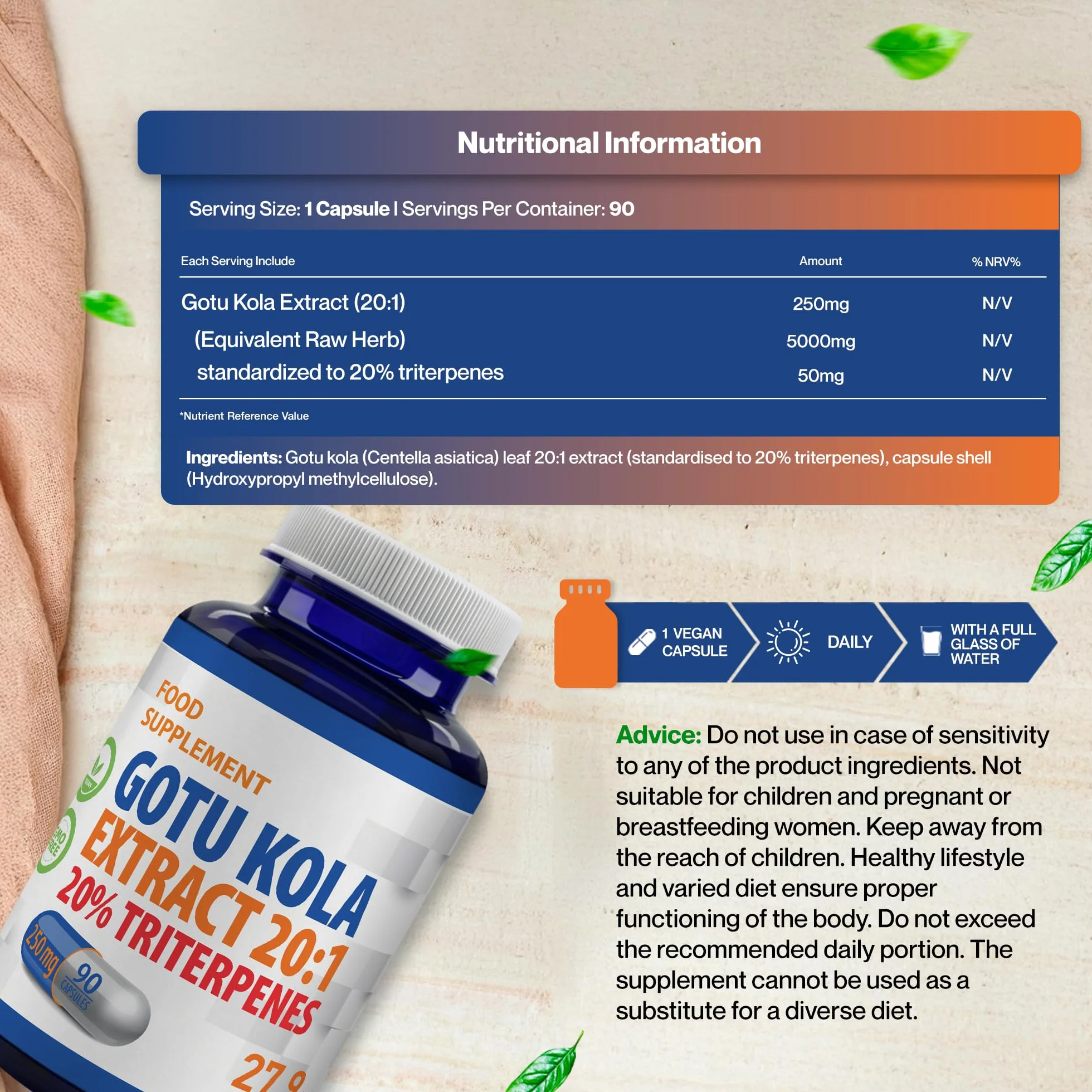Hepatica Gotu Kola (Centella Asiatica) 5.000 mg Équivalent | Extrait 20:1 250 mg Standardisé à 20% de Triterpènes | 90 Gélules Véganes | Réserve 3 Mois | GMP & laboratoire indépendant