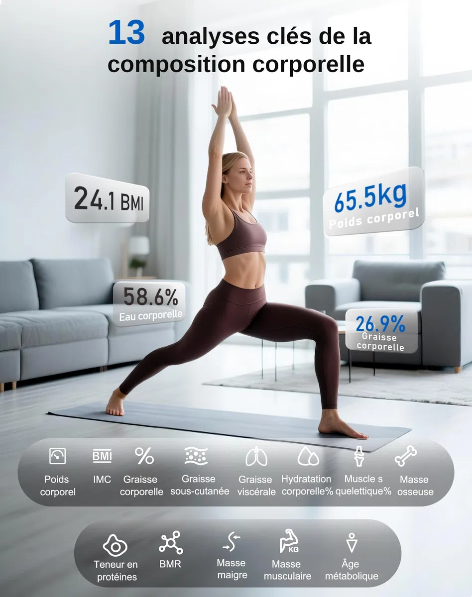 GE Pese Personne Connectée Blance, Intelligent Pese Personne Masse Graisseuse et Muscle IMC 13 Mesures Corporelles Balance Connectée Haute Hrécision avec Grand Écran 180 kg Noir