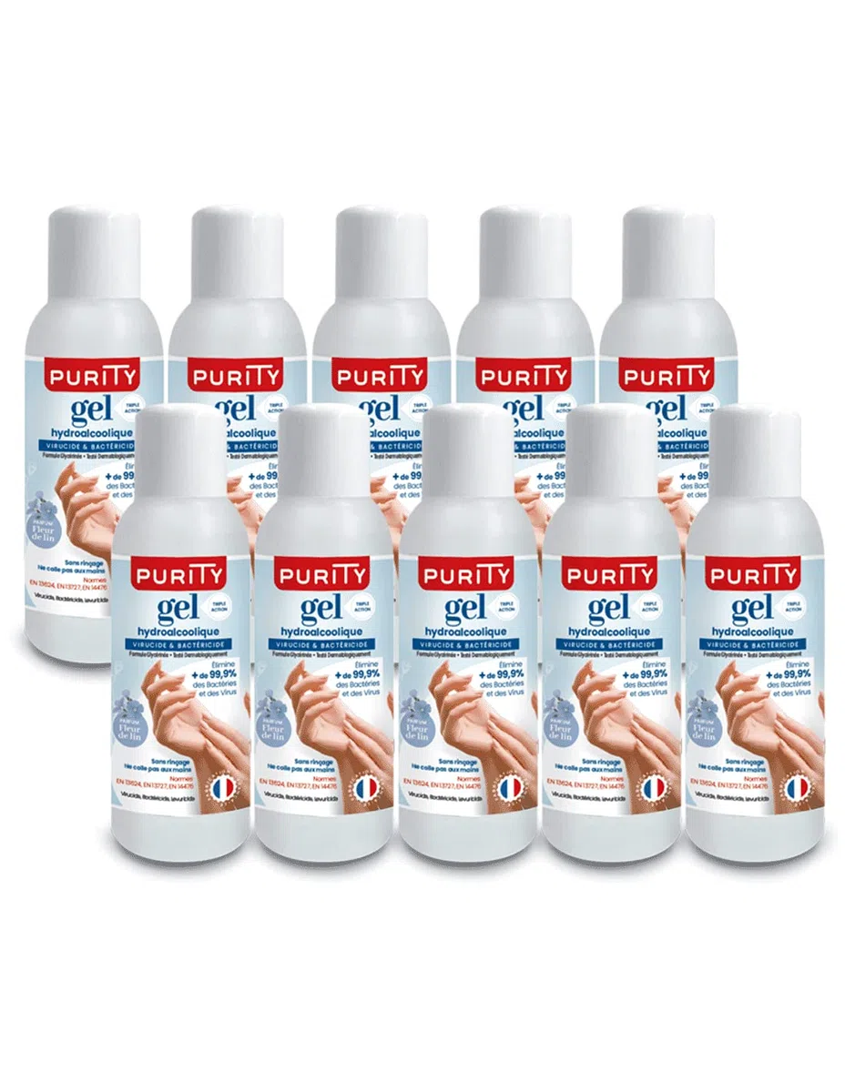 10 Mini-flacons de 100ml - Gel Hydroalcoolique Purity 703 - Parfum Fleur de Lin