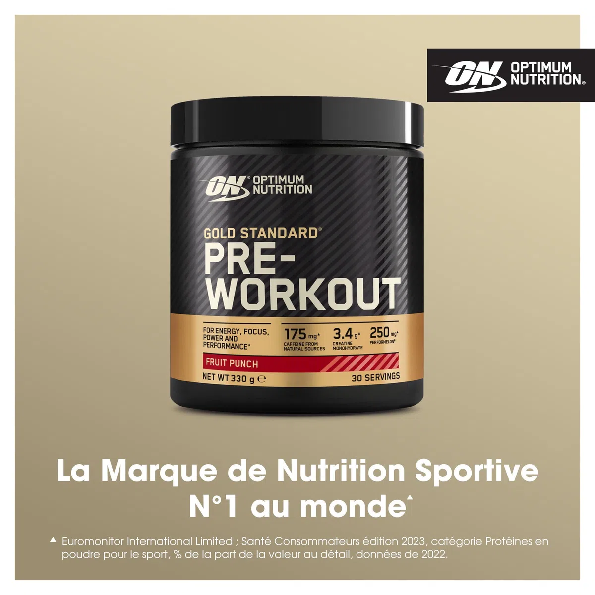Optimum Nutrition Gold Standard Pre-Workout en Poudre, Boisson Énergétique Goût Fruit Punch, 330g, 30 Doses