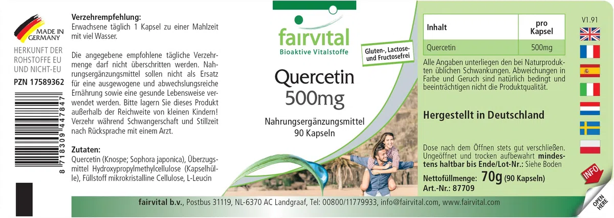 fairvital Quercétine 500mg, 90 gélules, HAUTE DOSÉE, VÉGÉTALIENNE, antioxydant