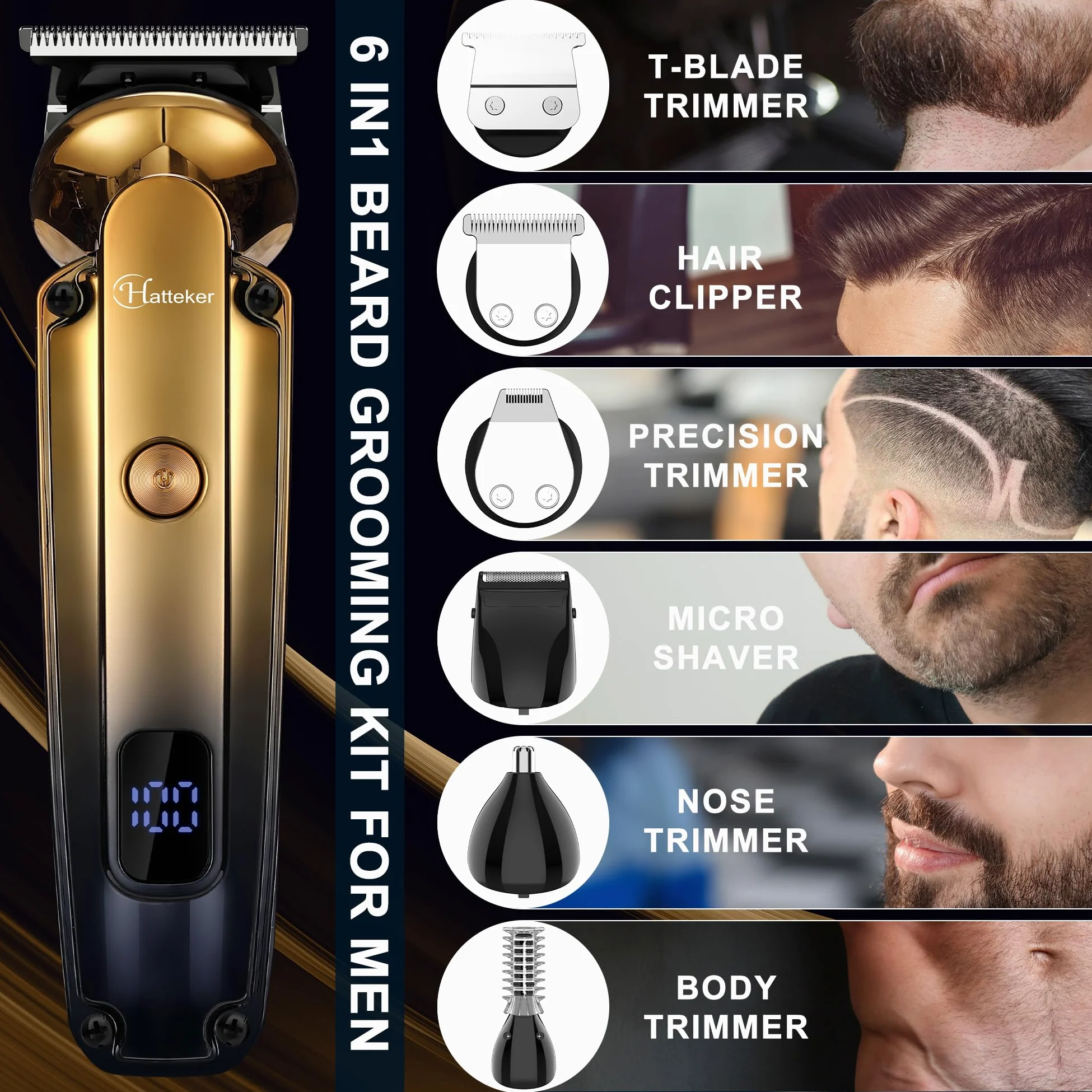 Hatteker Kit Tondeuse à Barbe Professionnel Avec Zero Gap T-Blade Tondeuse Rasoir Électrique Pour Le Nez Oreille Barbe Hommes Body Tondeuse Imperméable à l'eau Sans Fil Beauty Kit 6 en 1
