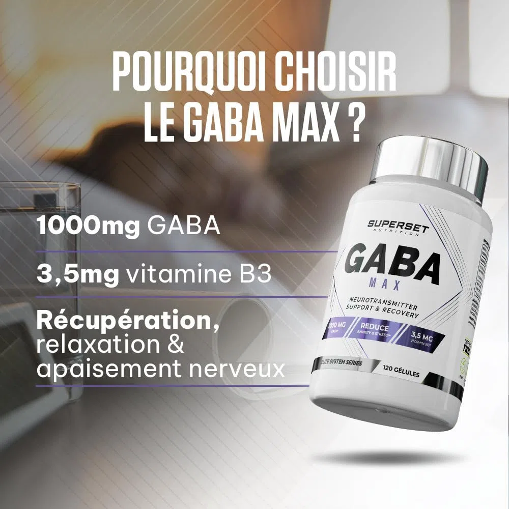 Superset Nutrition - Gaba Max (120 capsules végétales) - Favorise un sommeil réparateur et aide à améliorer la récupération musculaire - 1000 mg de GABA par gélule