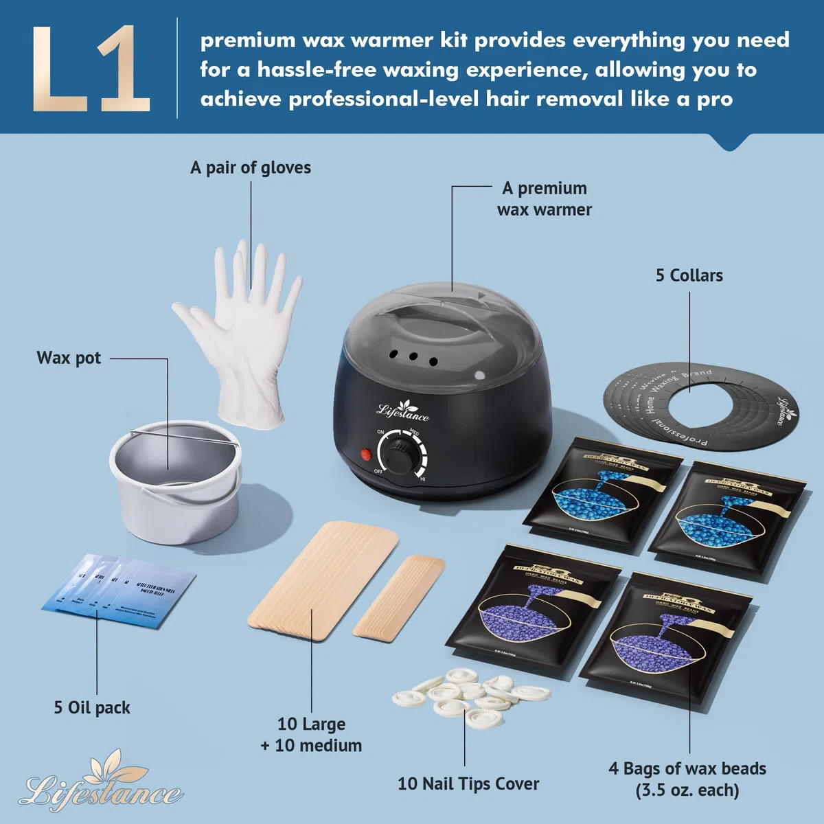 Lifestance Kit Chauffe Cire Avec 45 Accessoires 400g Epilation Cire Perles Avec Formule de Lavande pour Corps, Jambes, Visage, Aisselles, epilation Maillot