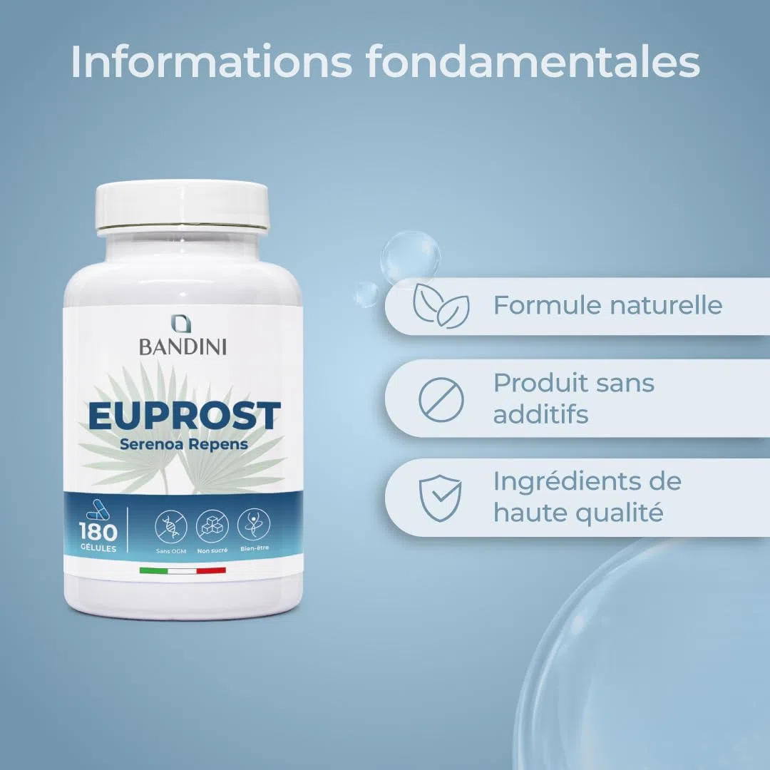 Bandini® Euprost Serenoa Repens 180 gélules | Palmier nain (Saw Palmetto), Graines de Courge, Ortie, Zinc, Vitamine D3 & B6 | Confort Urinaire hommes | Extrait 20:1 standardisé à 30% en acides gras