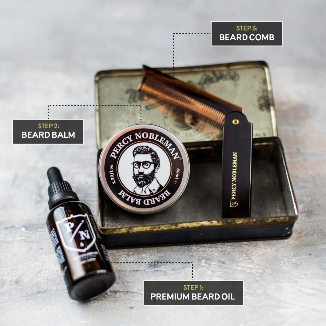 Kit de Soin de Barbe Premium Percy Nobleman, un Coffret de Soin de Barbe en Édition Limitée, Contenant une Huile de Barbe Premium, un Baume pour Barbe et un Peigne Pliable