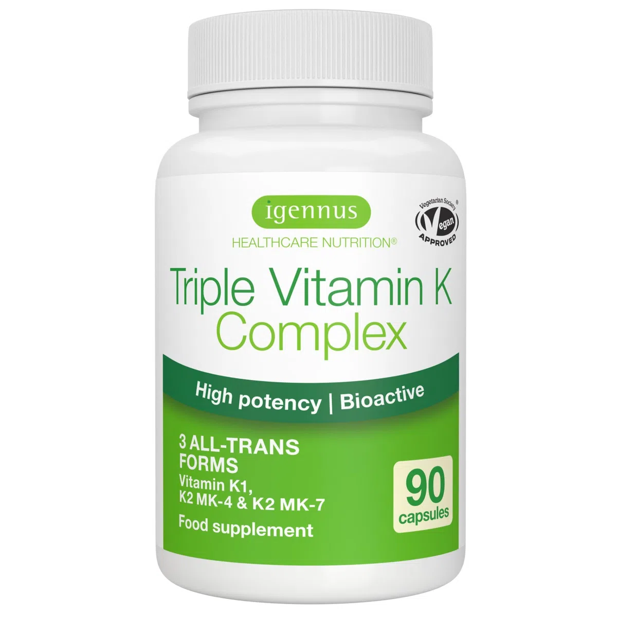 Igennus Triple Vitamine K Complex Avancé 2700 mcg, K2 (MK-4 & MK-7) & K1, Formes Naturelles Bioactives, Haute Puissance, Santé Osseuse et Cardiovasculaire, Formule Pure, Végan, 90 Gélules, 1 par jour