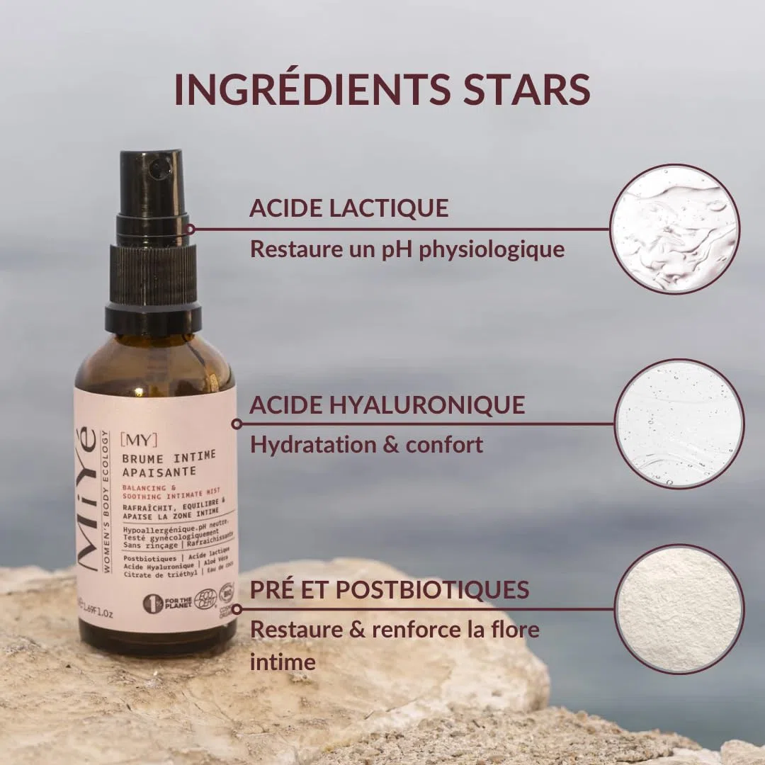 Brume intime apaisante BIO | Probiotique flore intime, acide hyaluronique & acide lactique | Hydrate rééquilibre & anti odeur | 30 ml, MiYé