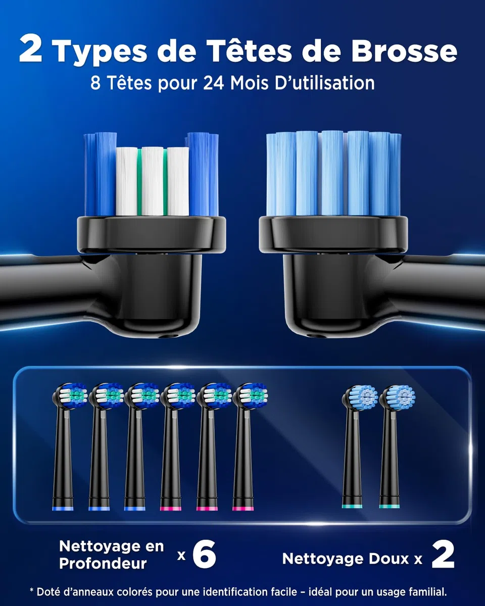 YTEATH PRO Brosse À Dent Électrique Rotatives pour Adultes - Brosses À Dents Rotatives avec 3 Intensités 5 Modes, 8 Têtes, Étanche IPX7, Brosse A Dent Electrique de Voyage, Noir Profond
