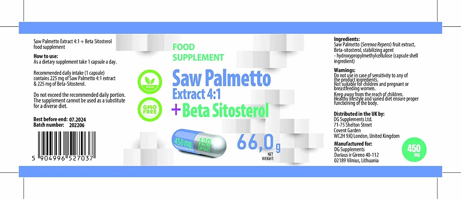 Hepatica Saw Palmetto | 4:1 & Complexe bêta-sitostérol 450 mg | 120 gélules végétales | Palmier nain – Serenoa repens | GMP & Testé en Laboratoire Indépendant