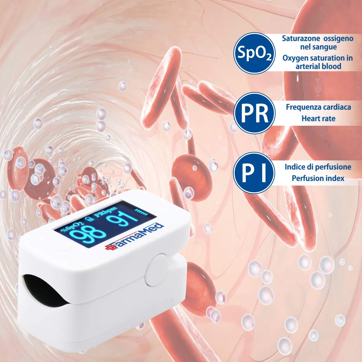 FARMAMED 3 in 1 Oxymètre de Pouls, Saturomètre, Oxymètre de Doigt, Saturation Artérielle Oxygène (SpO2), Fréquence Cardiaque (PR) et Indice perfusion (PI), Écran OLED XXL, Étui rigide, Blanc