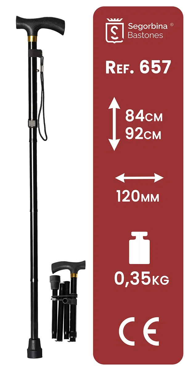 Canne Béquille Marche Aluminium Pliable et Réglable en Hauteur 84-92cm, Couleur Noir Poignet Soft (657)
