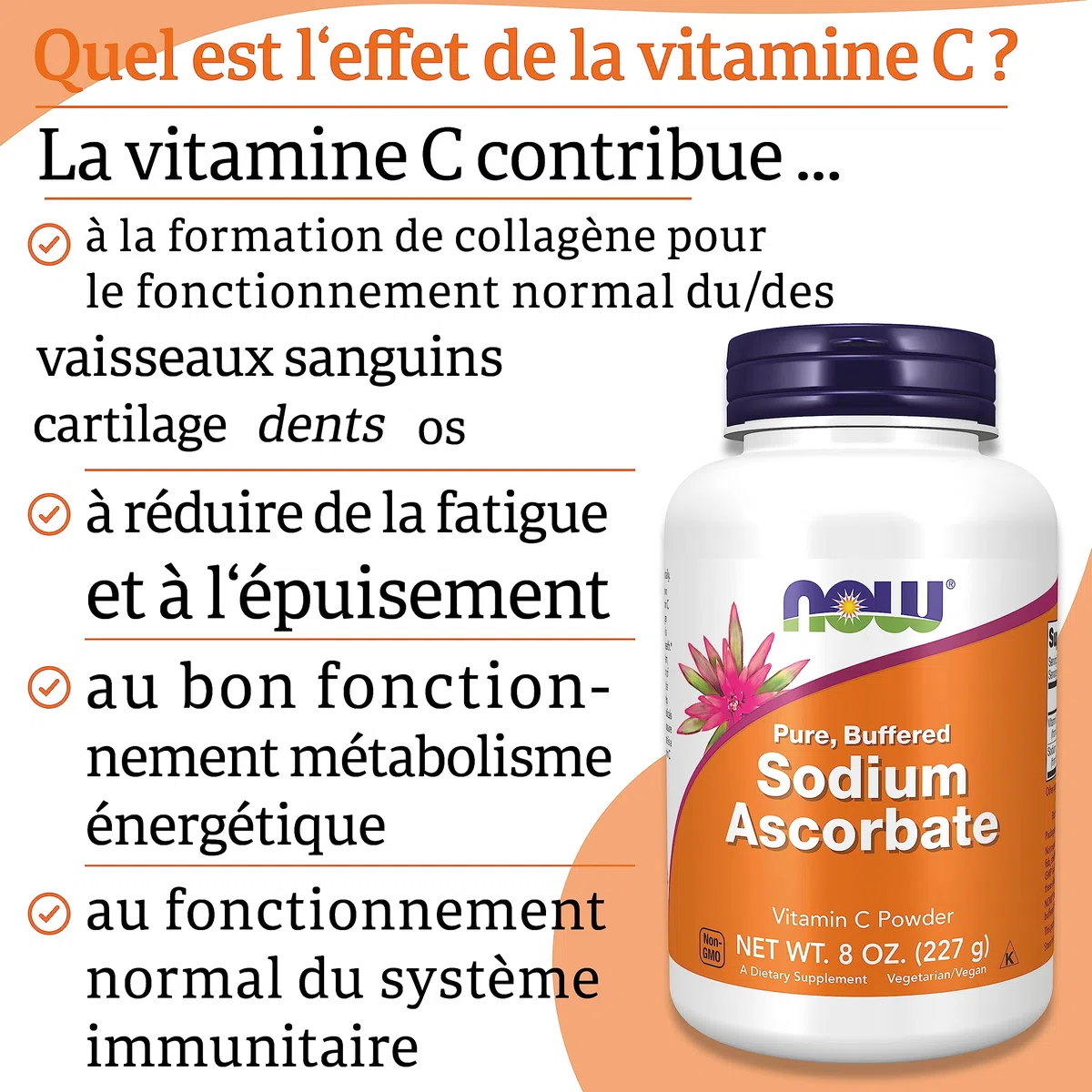 Now Foods, Sodium Ascorbate (Ascorbate de Sodium), 227g de Poudre végétalienne, Testé en Laboratoire, Vitamine C, Sans Gluten, Sans Soja, Végétarien