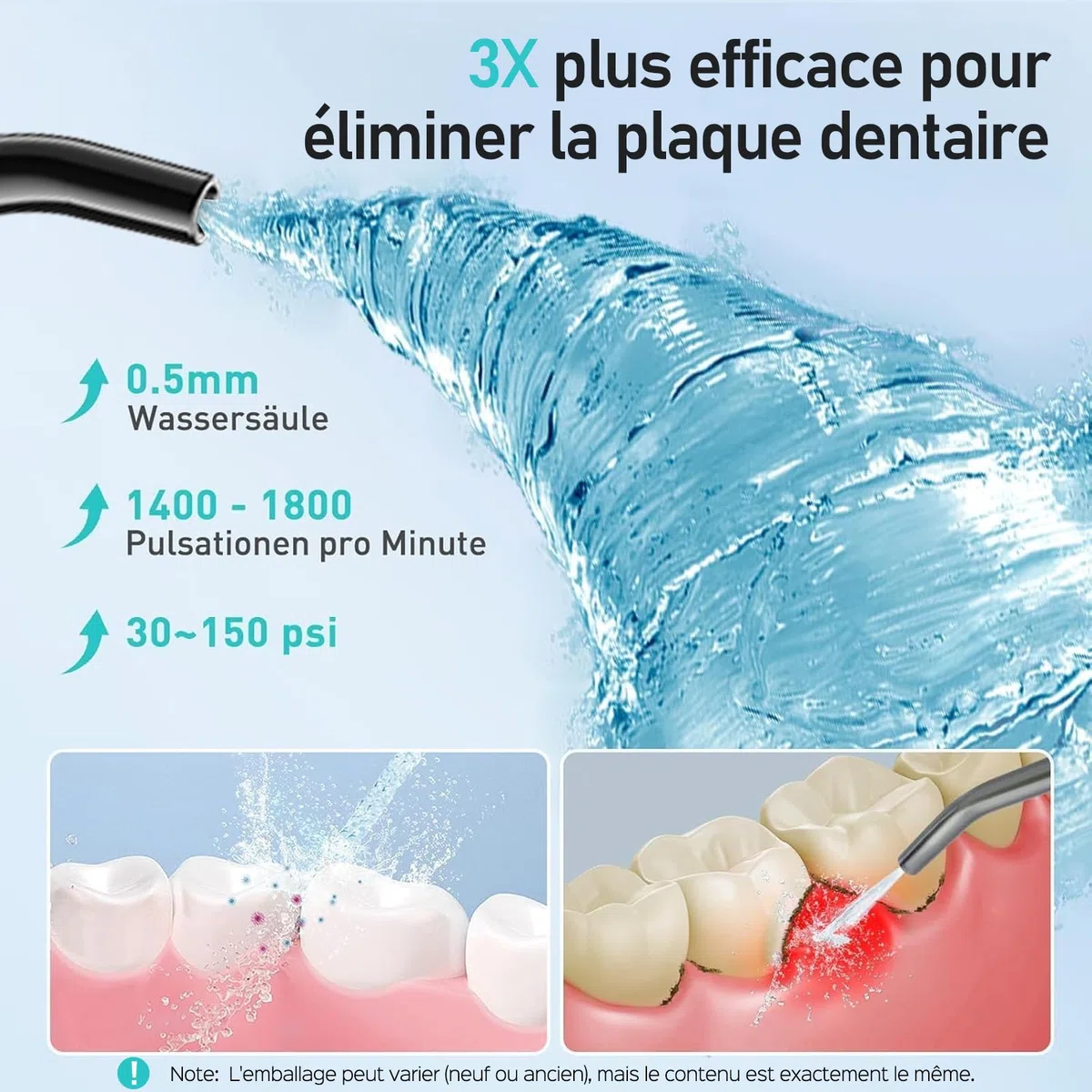 COSLUS Hydropulseur jet Dentaire Portable: 4 Modes Hydropulseur et Irrigateurs Oral, Réservoir d'eau 300 ml Vainqueur du Test, Rechargeable et Étanche IPX7, Noir Brillant, C30