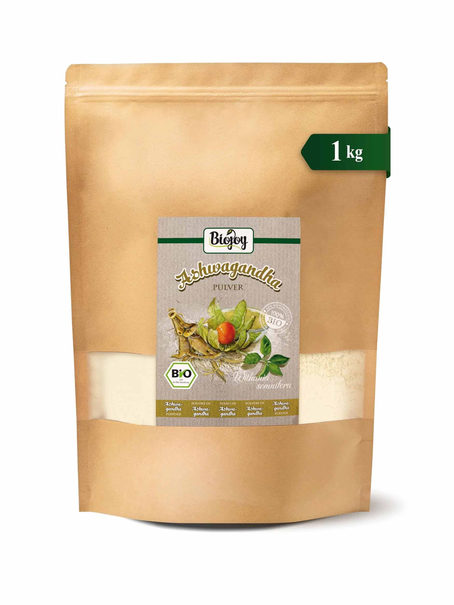 Biojoy Ashwagandha en poudre BIO (1 kg), Racines moulues d´ashwagandha, Ginseng Indien (Withania somnifera)