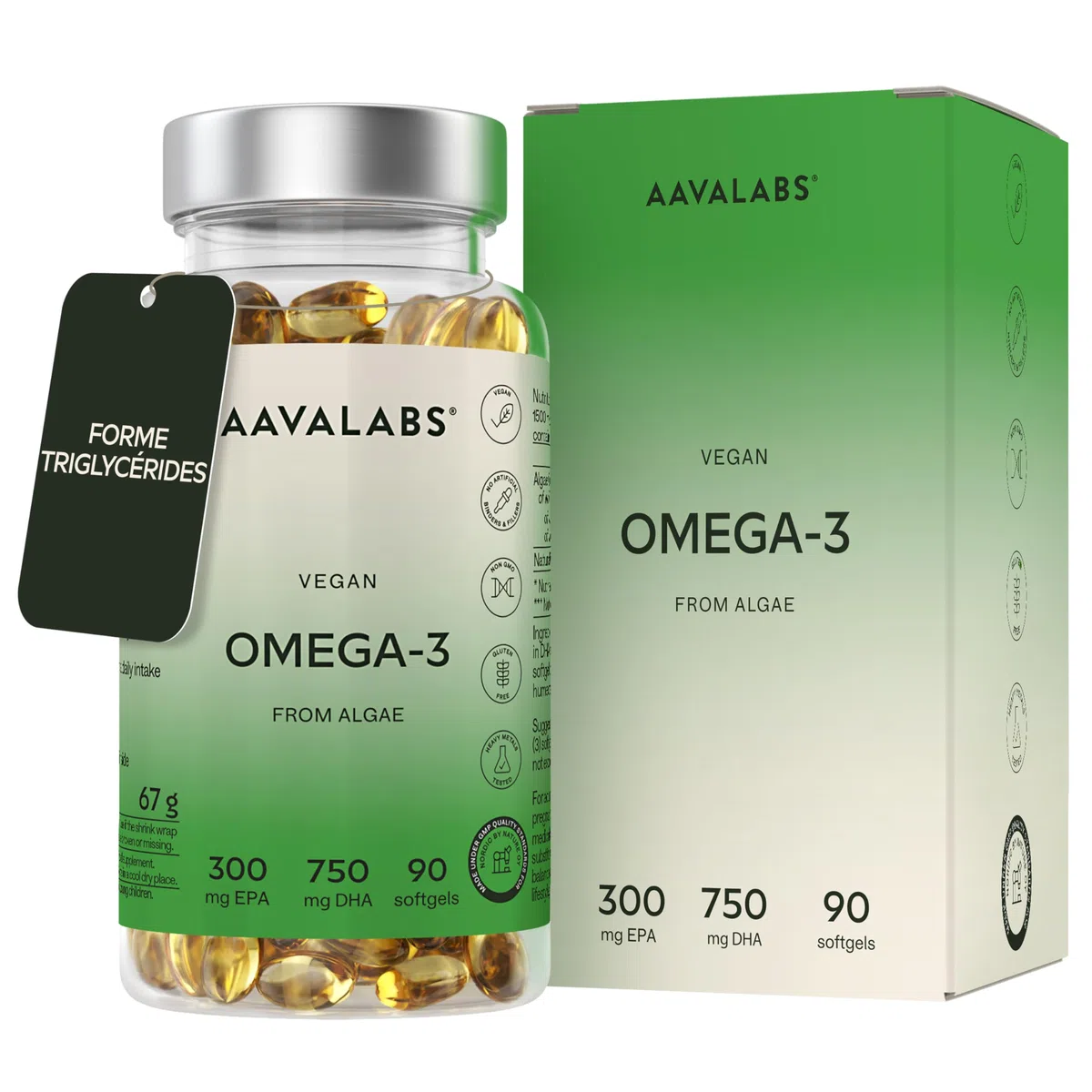 Omega 3 Vegan [1500mg] Oméga 3 d'Huile d'Algue d’Origine Durable Hautement Dosé 750mg DHA + 300mg EPA par Dose - Complément Alimentaire Omega3 100% Végétalien - 90 Gélules