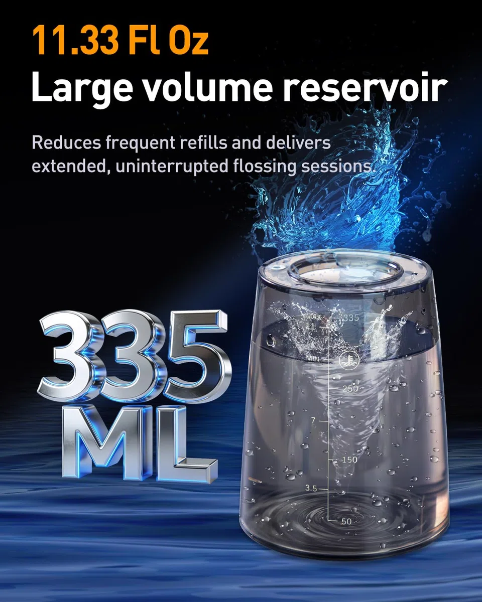 MySmile LP221 UVC Hydropulseur sans fil stérilisable pour les dents 335ML Écran OLED portable avec 4 modes, 8 embouts de jet et une pochette de rangement pour la maison et les voyages (Noir Minuit)