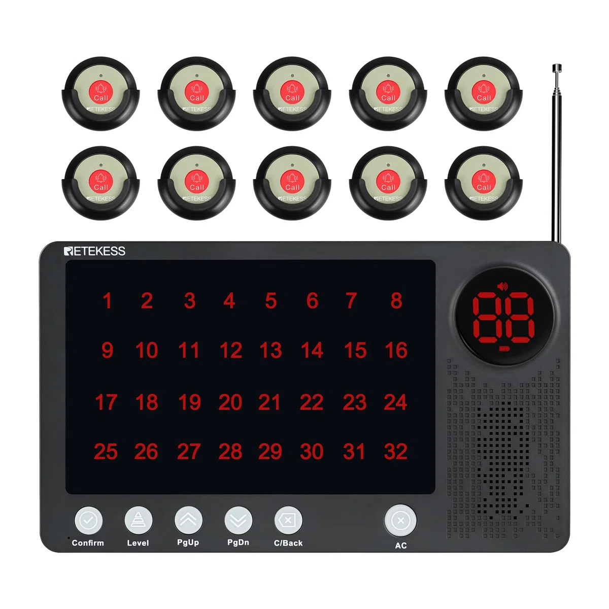 Retekess TH107 Bouton d'Appel d'urgence pour Personnes âgées, Système d'Appel d'urgence, Affichage 32 Bits, Distance d'Appel de 300m, 10 Langues et 3 Invites, pour Clinique, Hôpital